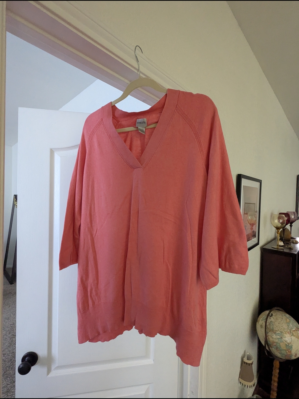 Chico's Coral V-Neck Drapey Sweater Rayon Cotton Angora Rabbit Hair